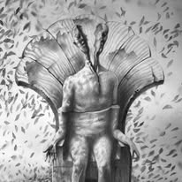 Grafito: figura con cabeza de abanico de plumas sentada en un trono, hojas al viento